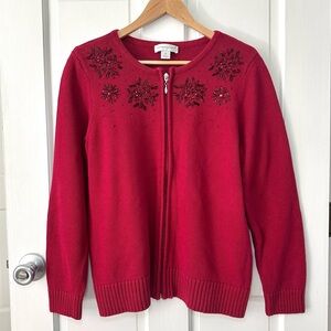 Christopher& Banks Holiday Red Snowflake Beaded Cardigan Sweater Full Zip Size M